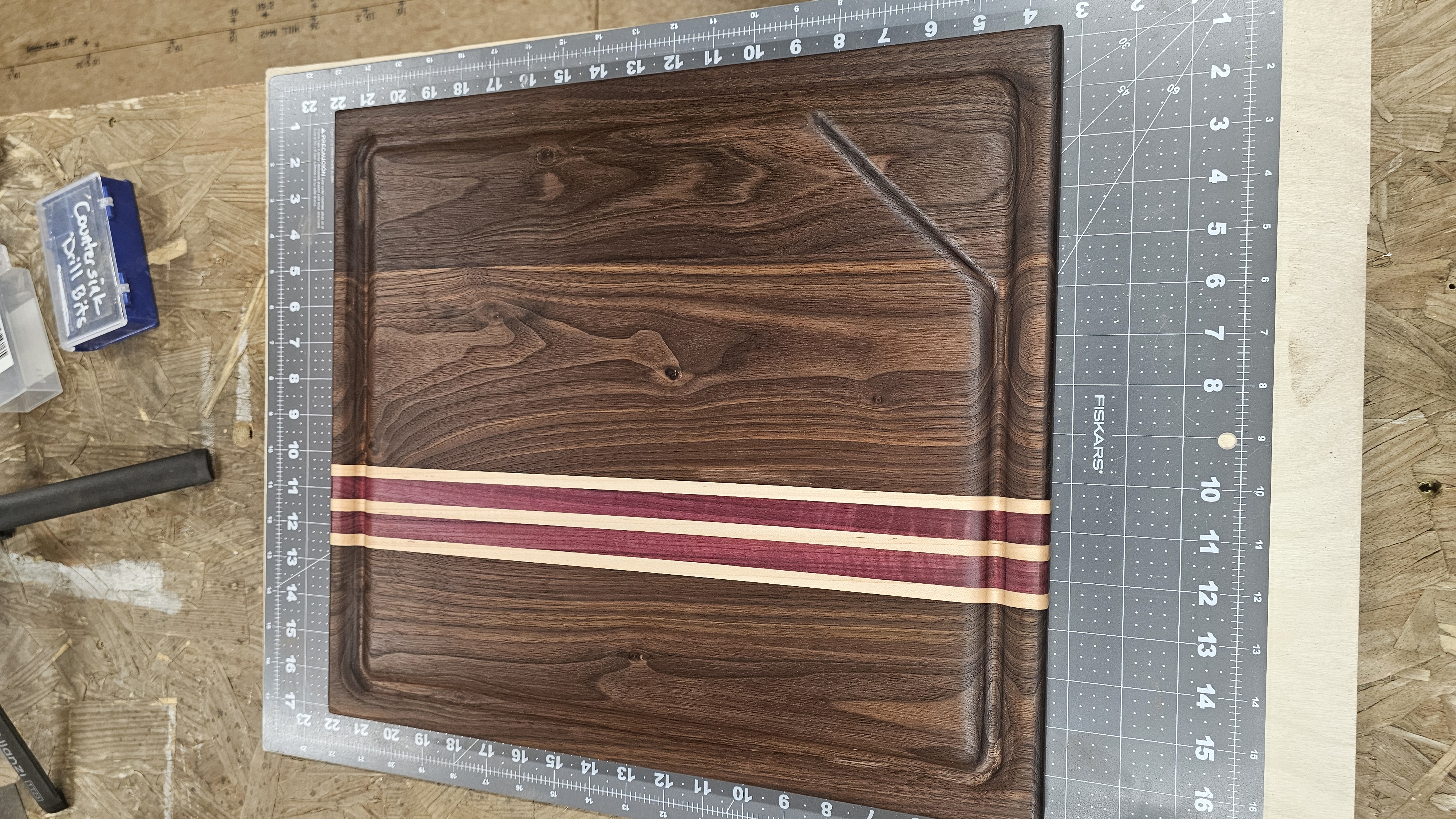 Walnut, Maple, and purple heart cutting board 1