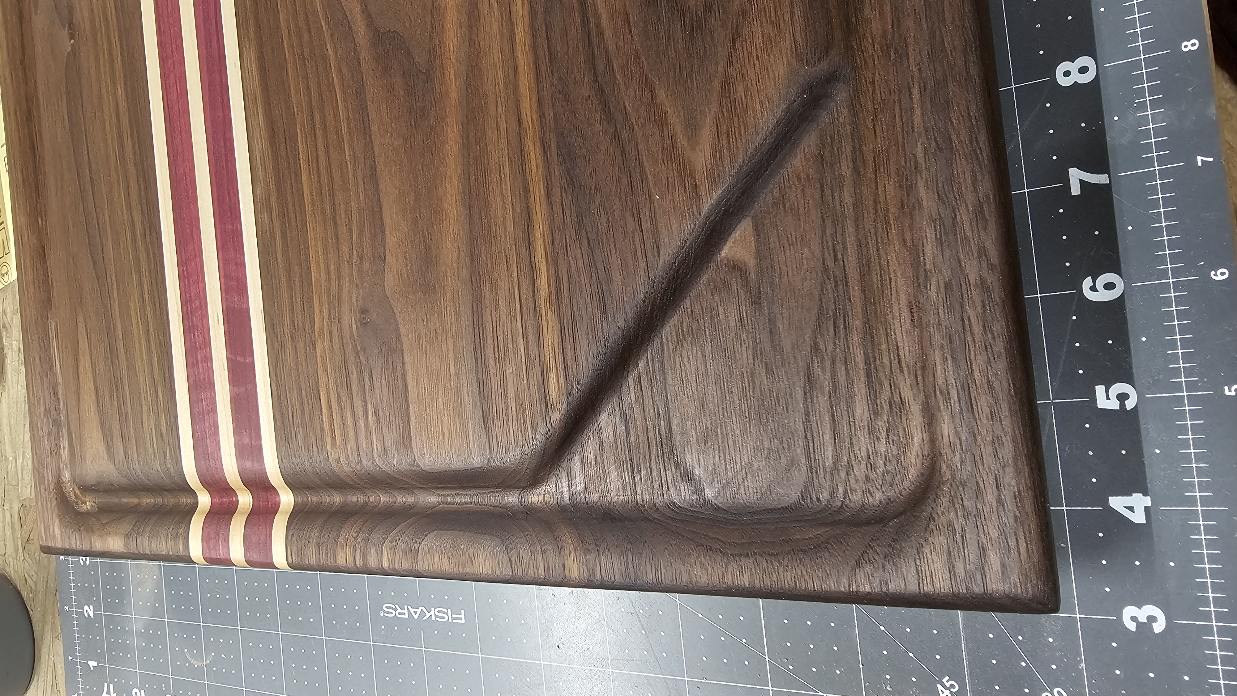 Walnut, Maple, and purple heart cutting board 2