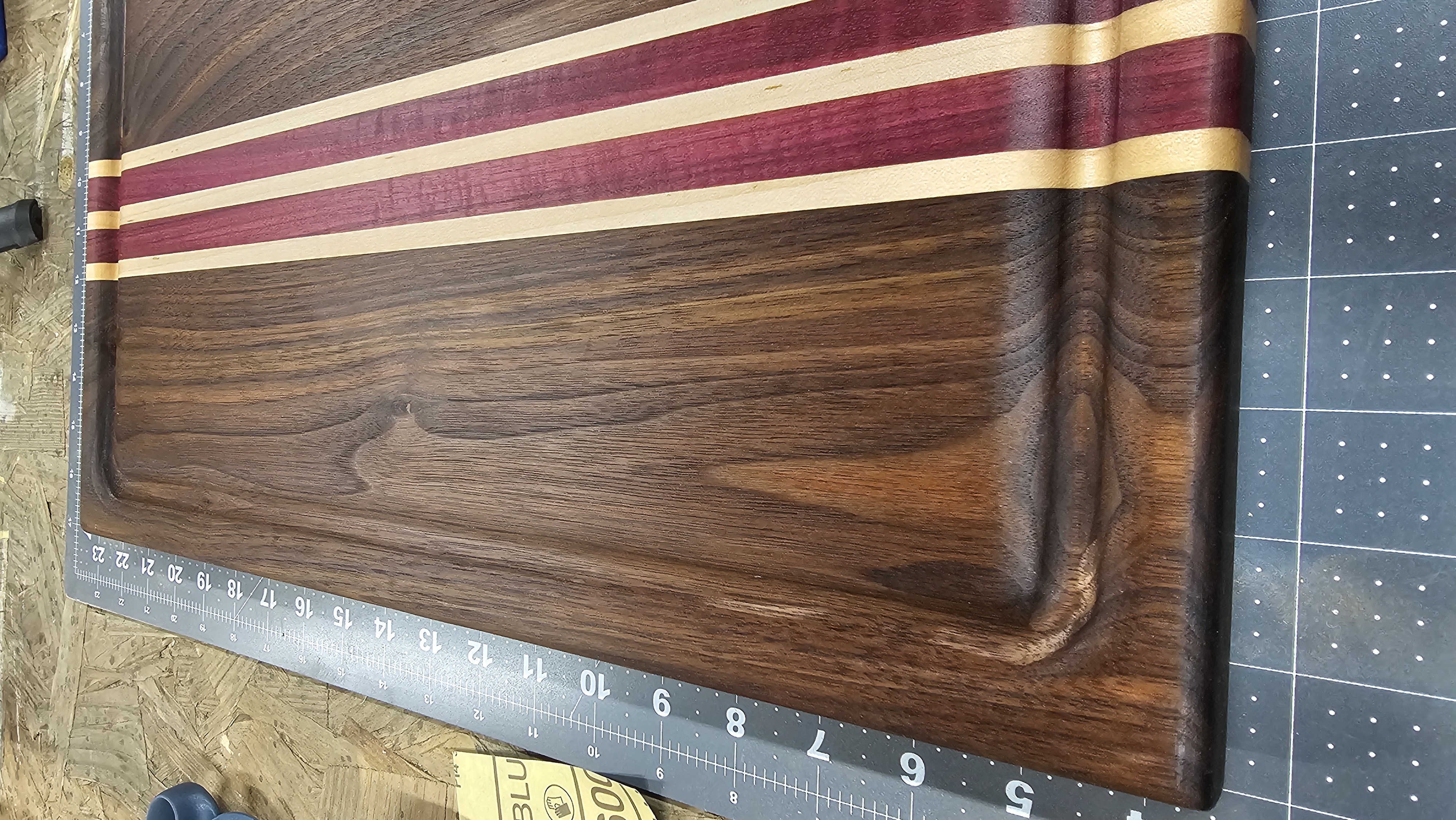 Walnut, Maple, and purple heart cutting board 3